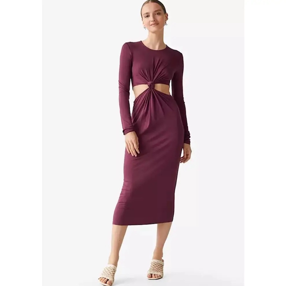 & Other Stories Cut Out Waist Long Sleeve Fitted Midi Dress Burgundy